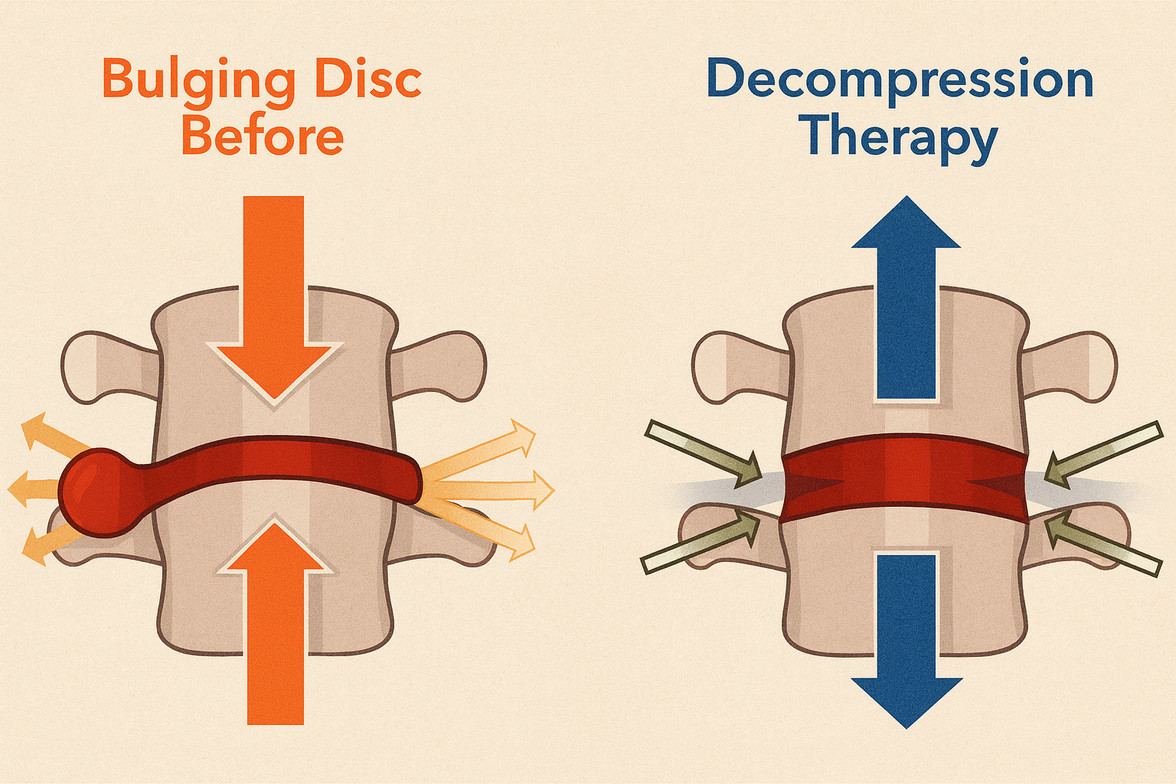 Illustration comparing a bulging lumbar disc before treatment and the improved disc position after spinal decompression therapy.