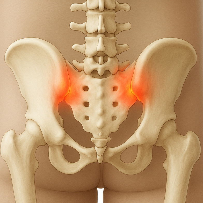 Anatomical illustration of the sacroiliac (SI) joints showing inflammation and irritation in the lower back and pelvis.