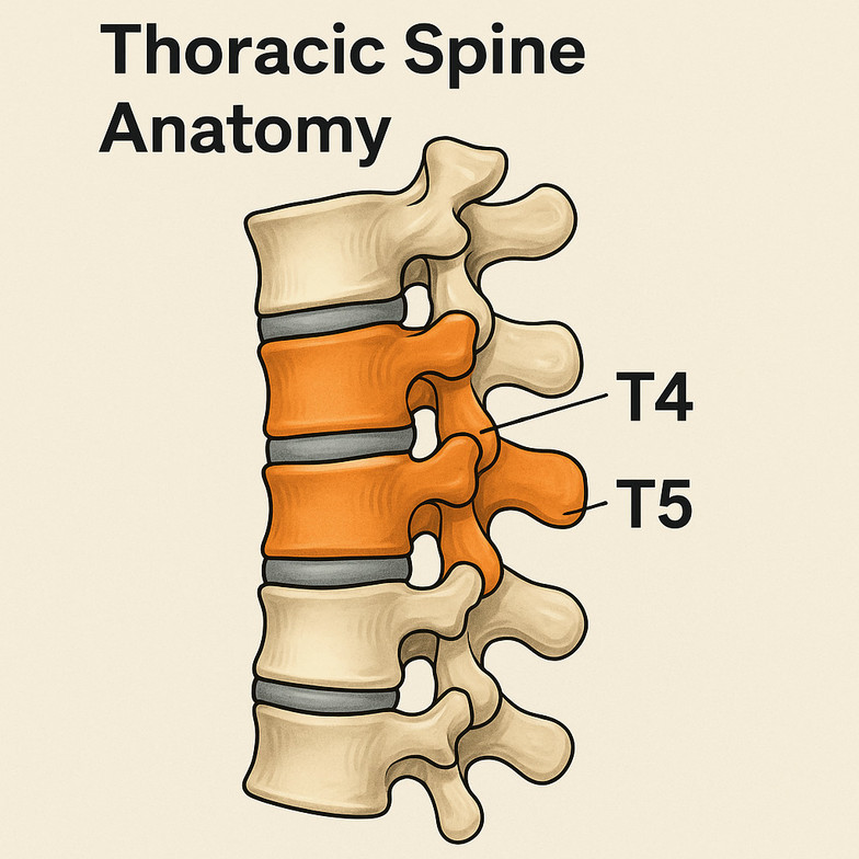 Educational illustration of the thoracic spine highlighting the T4 and T5 vertebrae with labeled anatomy for mid-back pain explanation.