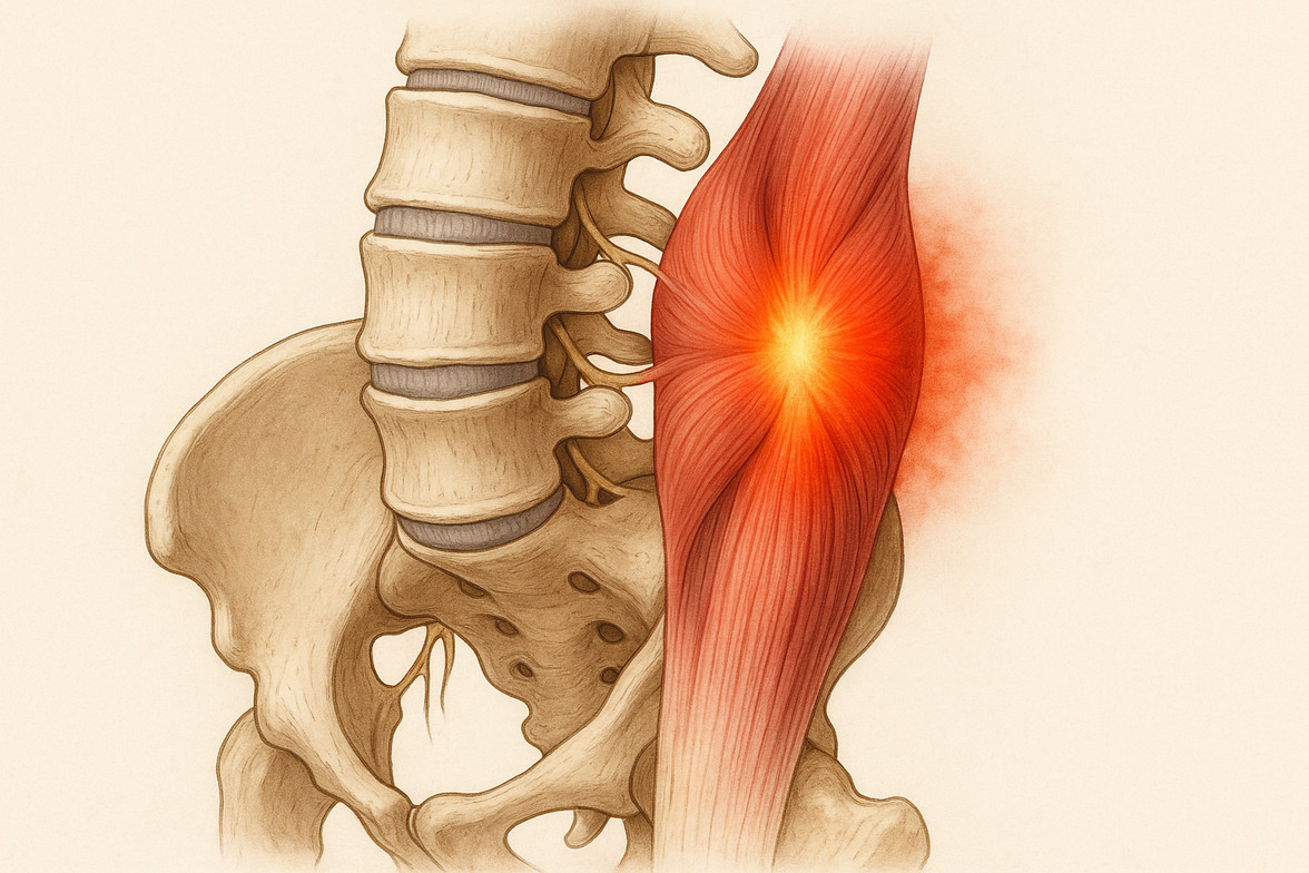 An anatomical illustration of the lumbar spine showing a paraspinal muscle in active spasm with highlighted inflammation.