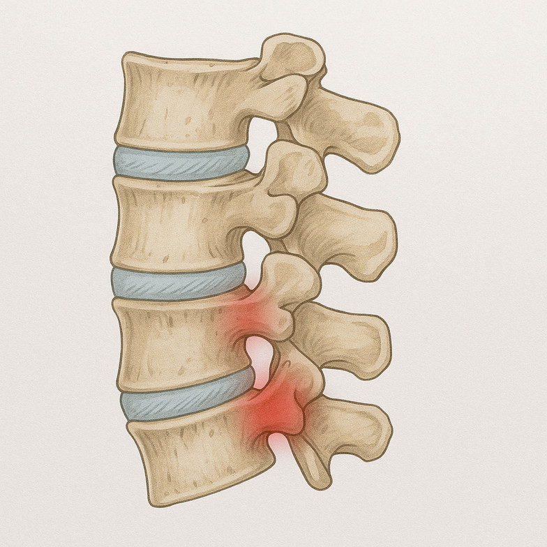 Anatomical illustration of lumbar vertebrae showing inflamed facet joints.