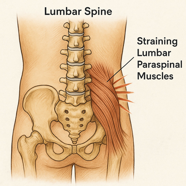 Anatomical illustration showing the lumbar spine with strained lumbar paraspinal muscles.