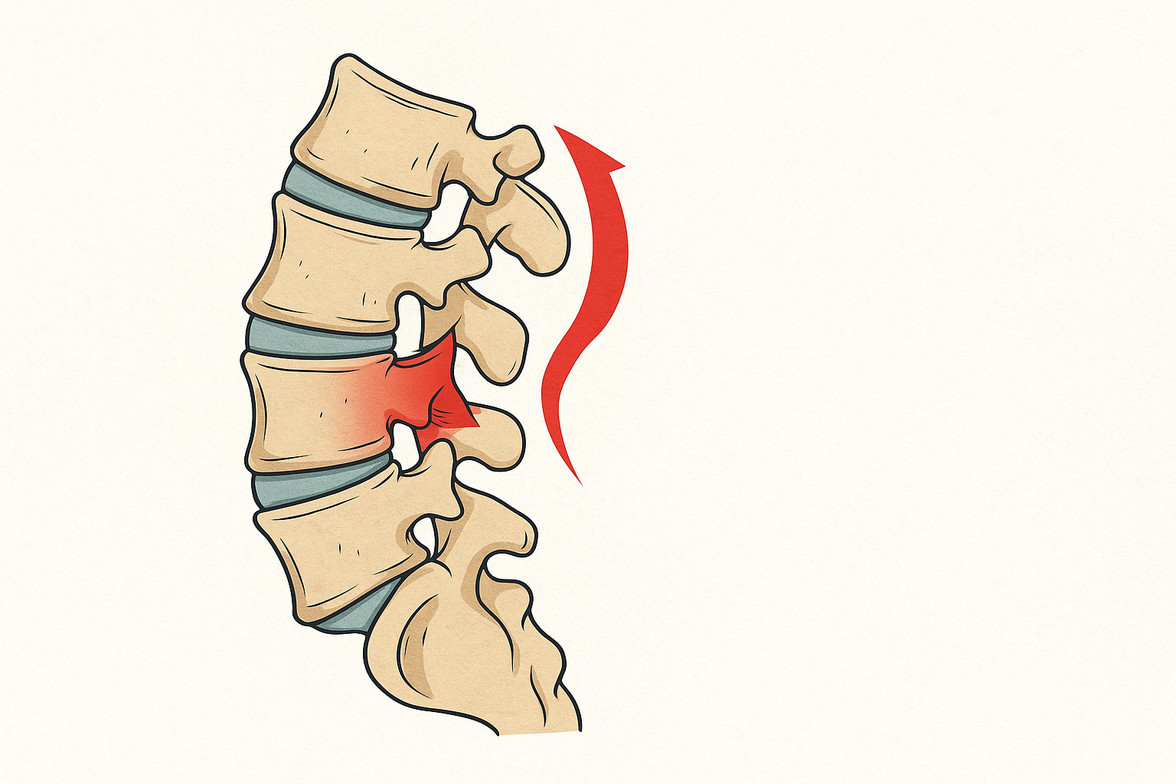 Anatomical illustration of the lumbar spine showing a hyperextension injury with vertebrae, discs, and a red curved arrow highlighting the stressed region.