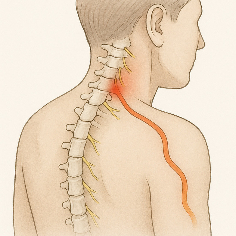 Diagram of cervical nerve irritation after a car accident with pain traveling from the neck into the shoulder and arm.