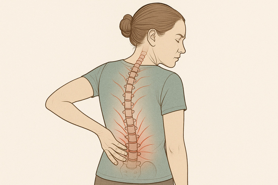 Illustrated diagram showing localized low back pain with early disc irritation highlighted along the lumbar spine.