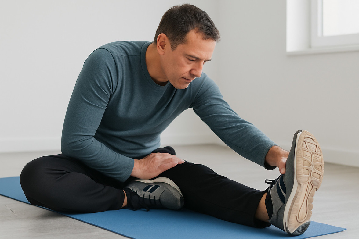 Man performing a seated hamstring stretch on a yoga mat to help relieve low back pain.