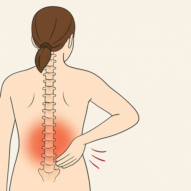 An anatomical illustration showing lumbar spine irritation with a hand placed over the lower back to indicate pain.