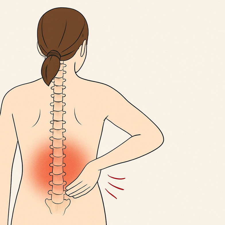 An anatomical illustration showing lumbar spine irritation with a hand placed over the lower back to indicate pain.