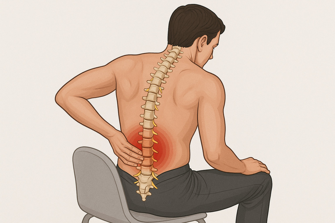 Anatomy illustration of a man sitting with lower back pain and highlighted lumbar spine
