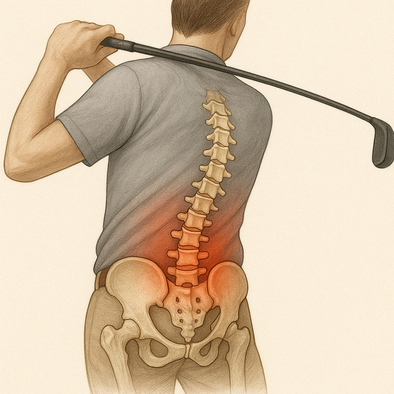 An anatomical illustration of a golfer in lumbar rotation highlighting lower back strain during a golf swing.