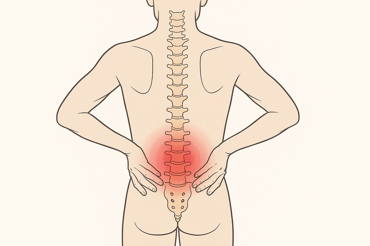 Medical illustration of the lower back and spine from behind with a red highlight over the lumbar area, showing where patients feel pain when standing up straight.