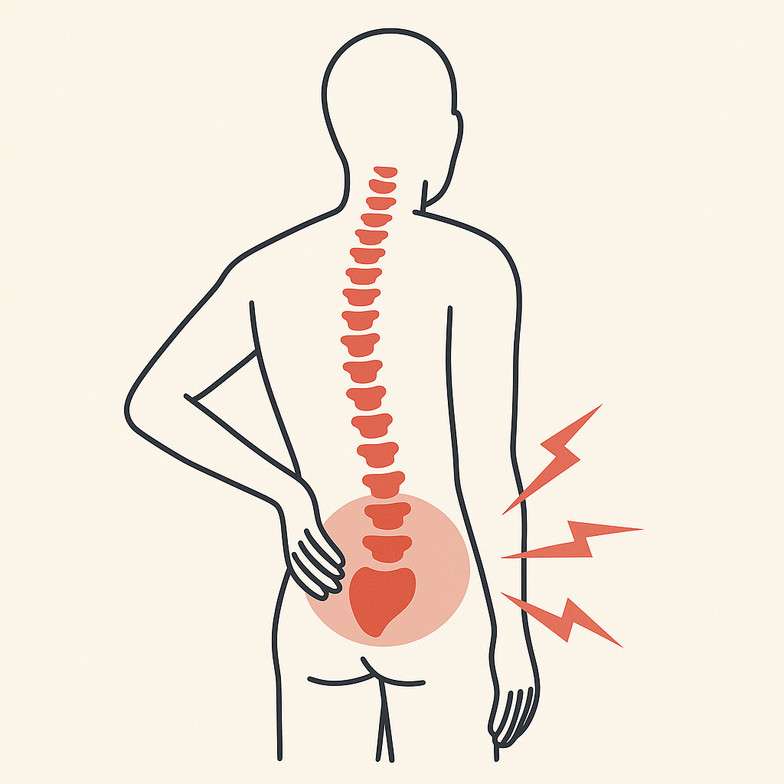 Simple anatomy diagram showing the lumbar spine with highlighted low back pain area
