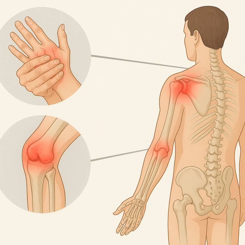 Medical illustration showing hand, knee, and shoulder joint inflammation commonly seen during arthritic flare-ups.