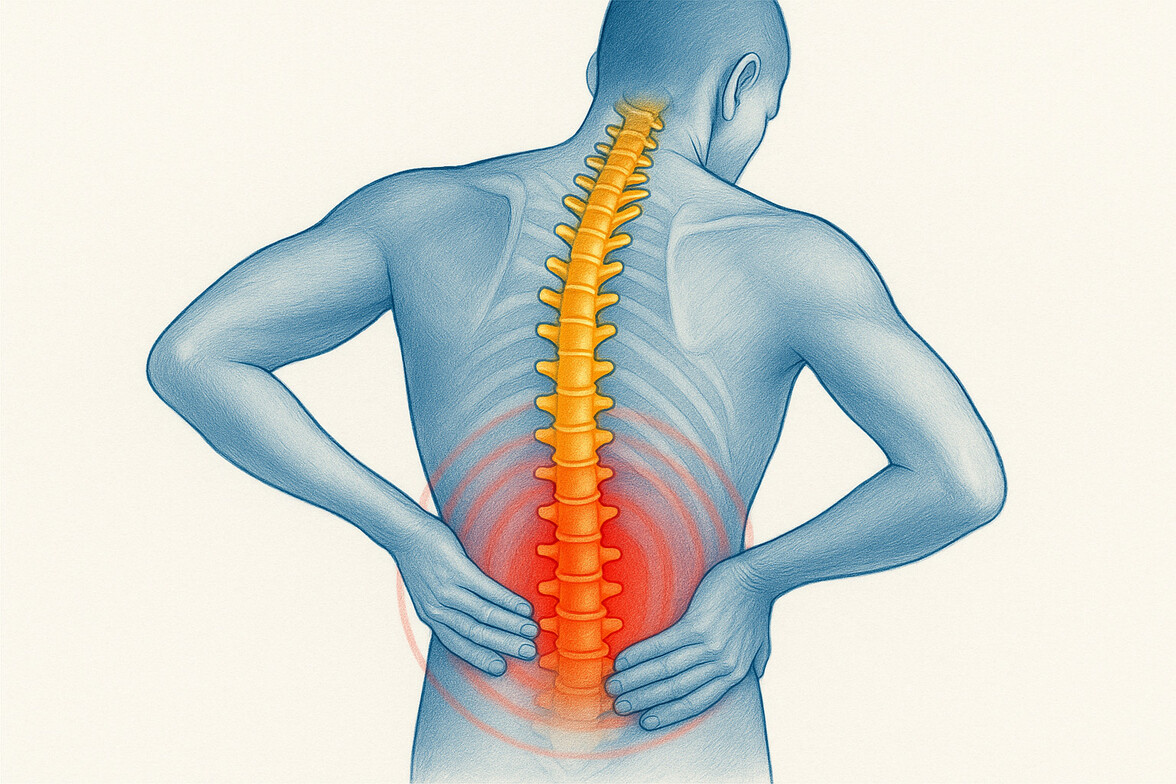 Illustration of the lumbar spine with highlighted low-back pain region, showing how mechanical strain affects the lower vertebrae.