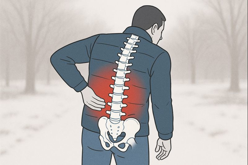 Lumbar spine diagram showing lower back pain and stiffness that worsens in winter, explained by a chiropractor in Olathe, Kansas