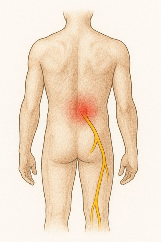 Low back pain diagram showing sciatic nerve irritation radiating into the leg, explained by a chiropractor in Olathe.