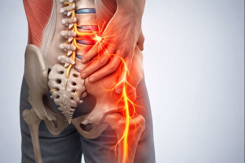 Lumbar disc and nerve irritation diagram showing why bending over can trigger low back pain, commonly treated with chiropractic care in Olathe.