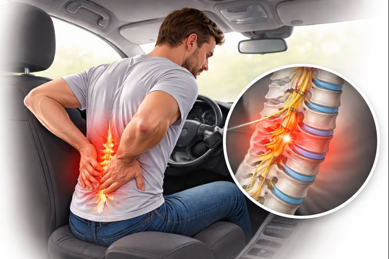 Lumbar spine stress and low back pain caused by prolonged sitting during long road trips.