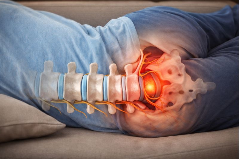 Diagram showing lumbar disc stress and spinal compression from poor sleeping posture on a couch, a common cause of morning back pain treated by a chiropractor in Olathe.