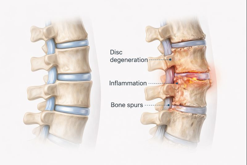 Spine diagram showing disc degeneration, inflammation, and arthritis-related joint pain