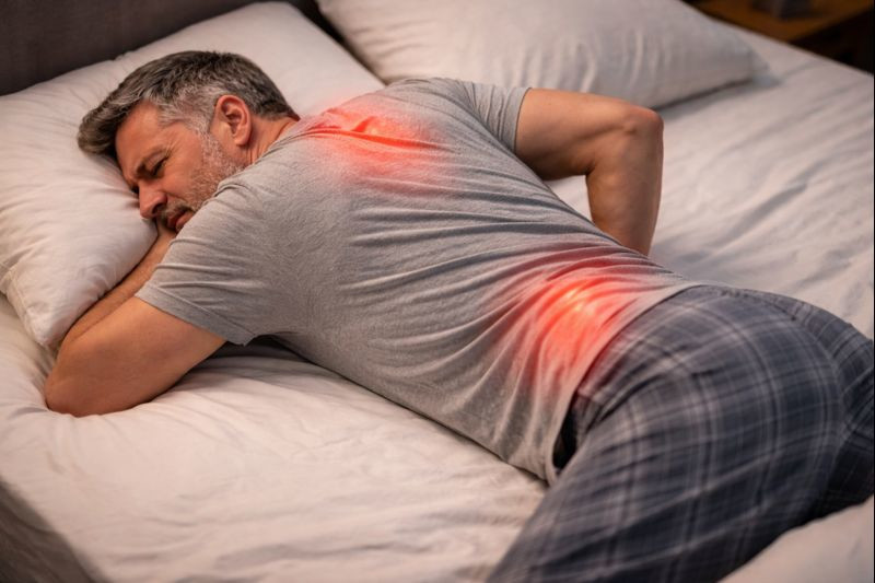Adult lying on side in bed with subtle red highlight on upper and lower back