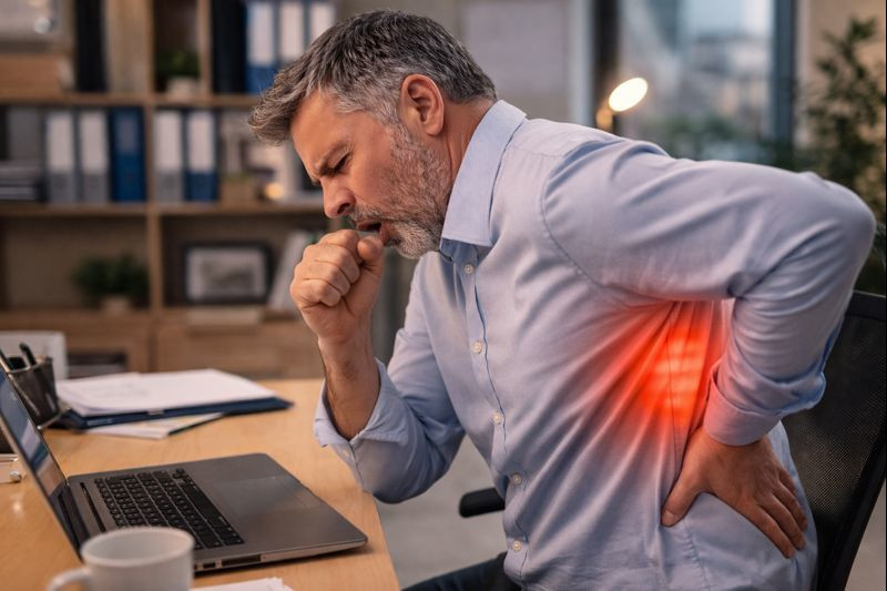 Adult coughing at work with discomfort in the mid-back area