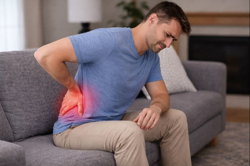 Adult standing up after sitting with a subtle red highlight over the low back indicating pain.