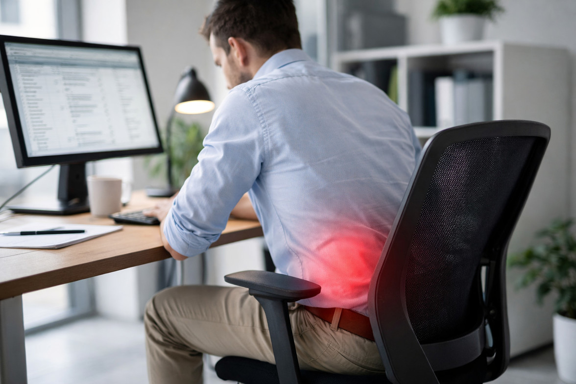 Seated adult at a desk with subtle red highlight over the lower back showing pain location