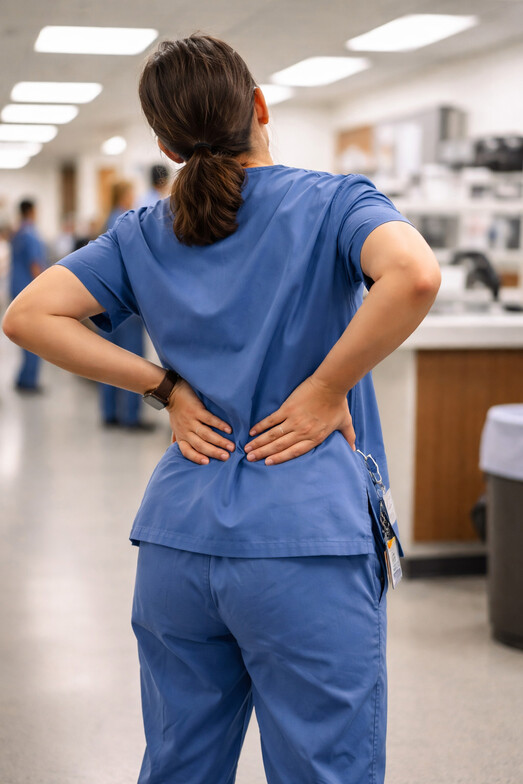 Worker experiencing lower back discomfort after standing all day