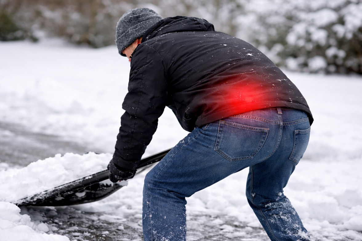 Person shoveling snow with subtle highlight over the lower back