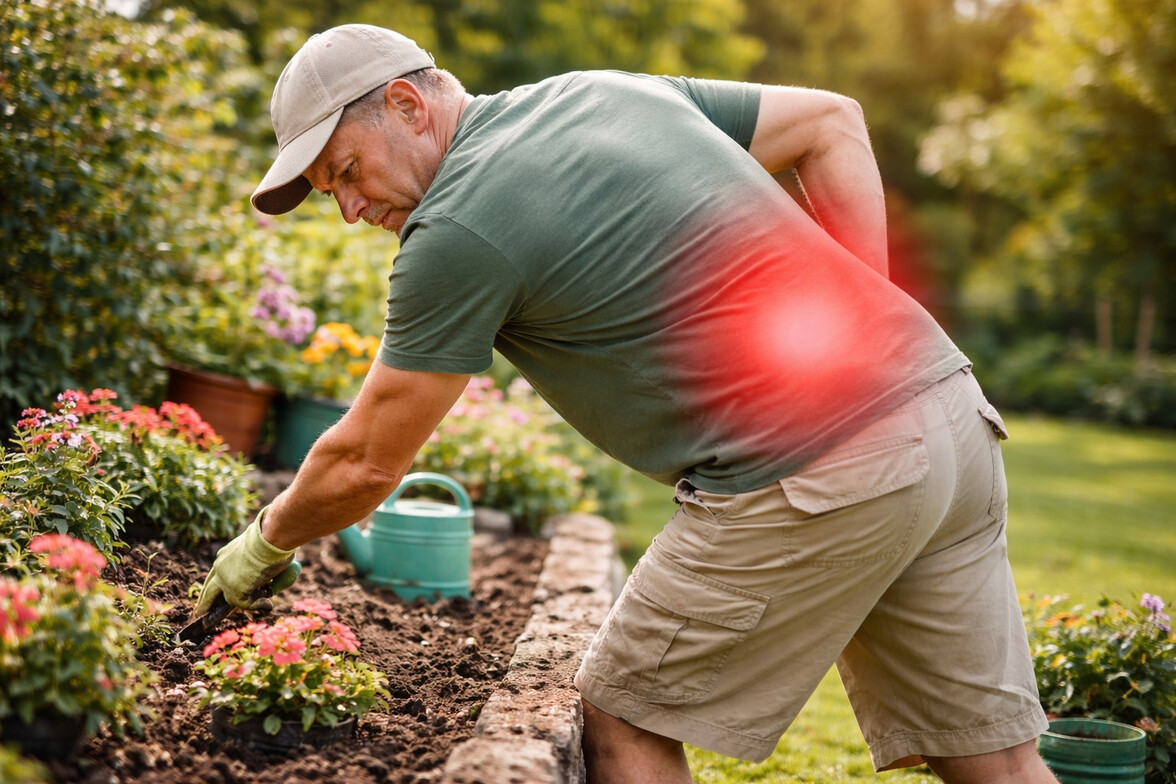 Gardener bending and twisting with a subtle red highlight over the low back