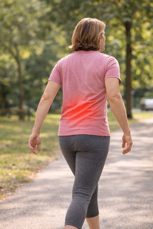 Adult standing with subtle red highlight over the lower back during walking posture