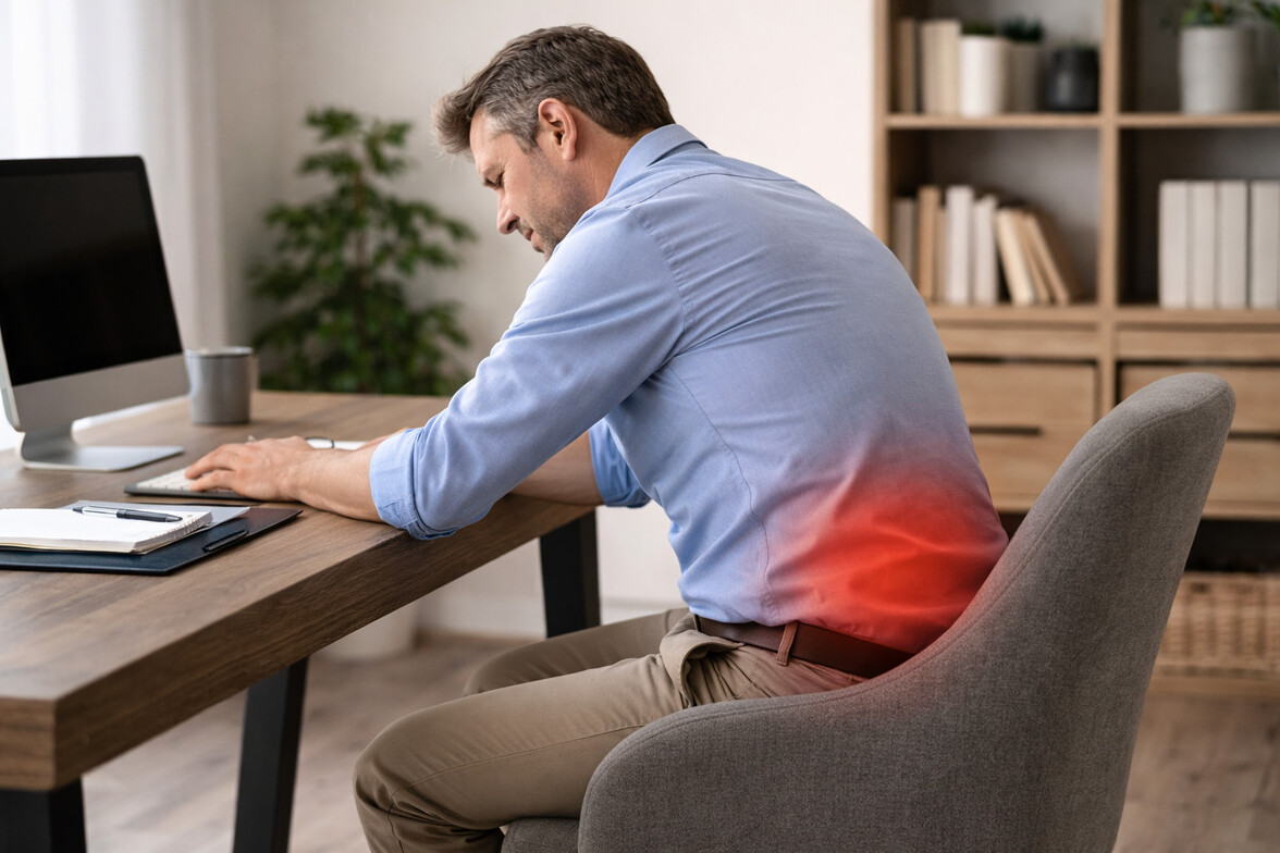 Seated adult with subtle red highlight over lower back and upper leg