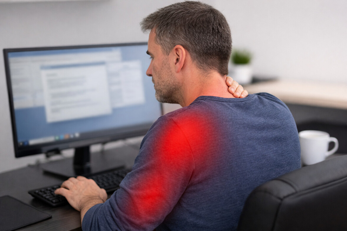 Adult working at a computer with subtle red highlight over the side of the neck and upper arm