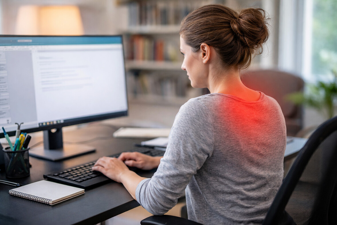 Sitting posture causing neck and upper back discomfort while working at a desk