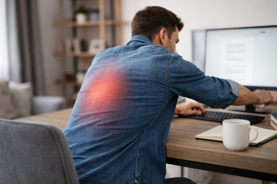 Adult reaching forward at a desk with subtle highlight over the mid-back area