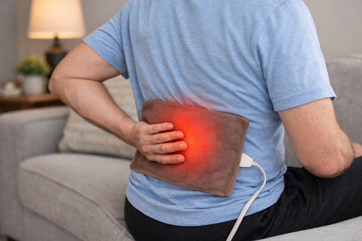 Person at home using a heating pad on the lower back with a subtle red highlight