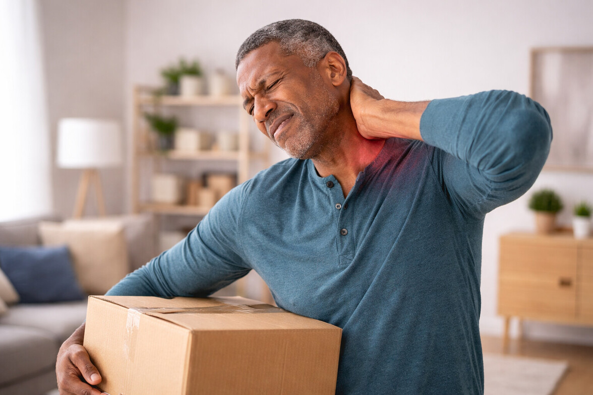 Neck pain after reaching overhead with subtle pain highlight