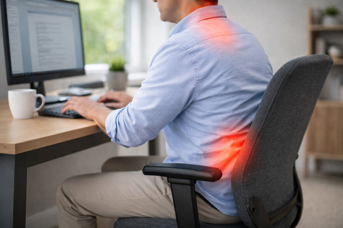 Adult sitting at a desk with a subtle highlight over the lower back and neck area