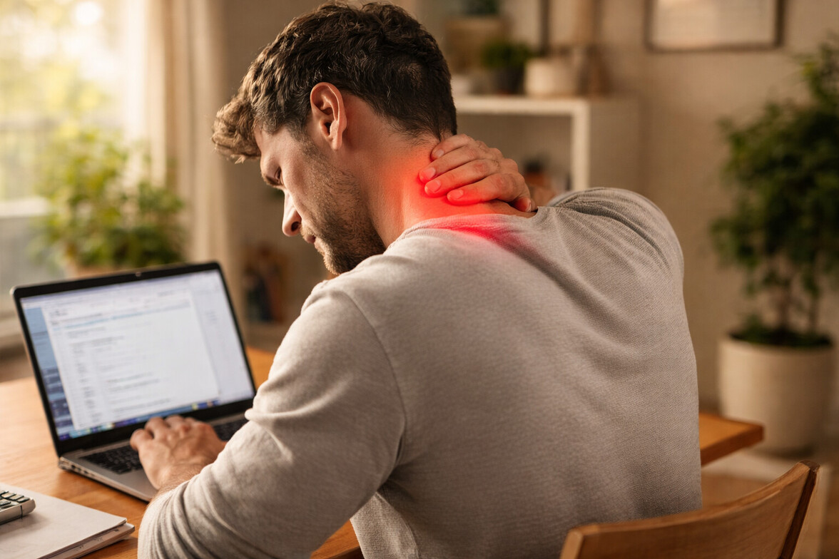 Adult using a laptop indoors with subtle red highlight near neck and head