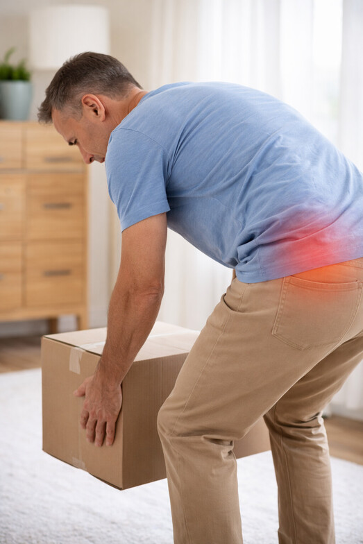 Adult lifting a box with subtle red highlight on lower back