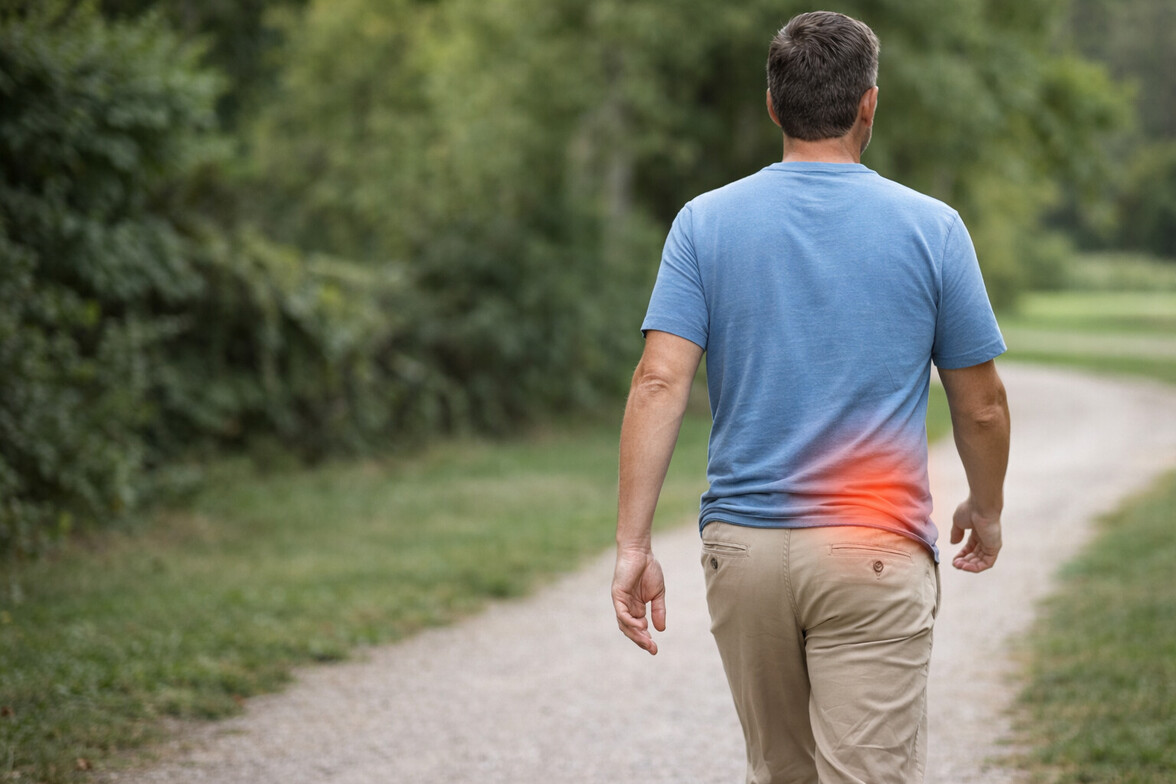 Adult walking with subtle red highlight over lower back near sacroiliac joint
