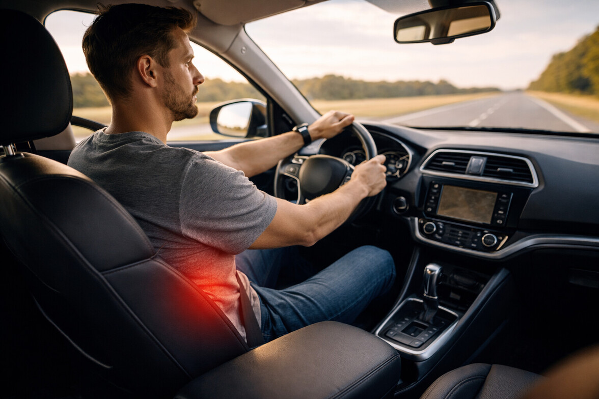 Adult seated in car seat with subtle red highlight over lower back