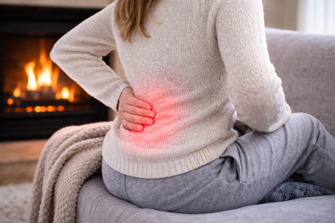 Adult sitting on couch in winter with subtle red highlight on lower back