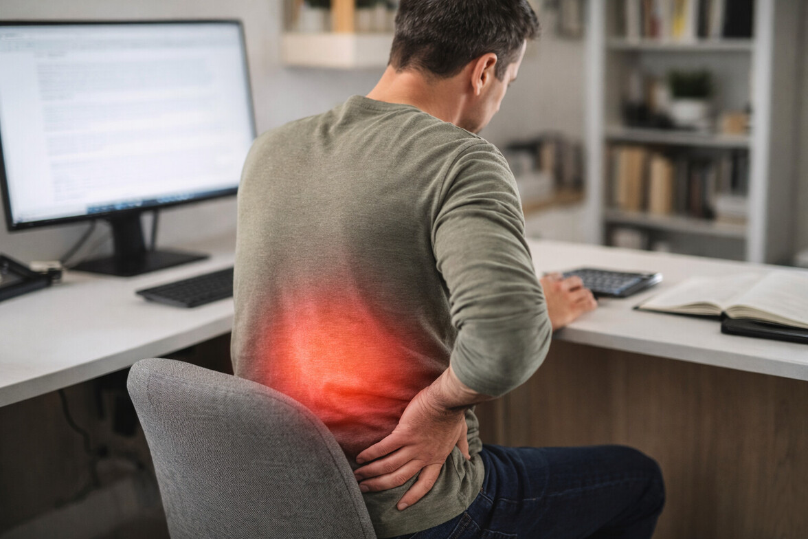 Adult sitting at a desk with subtle red highlight over lower back