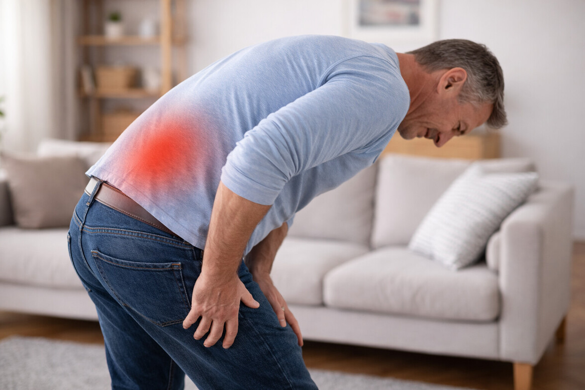 Adult bending slightly forward with subtle red highlight over lower back indicating spasm area
