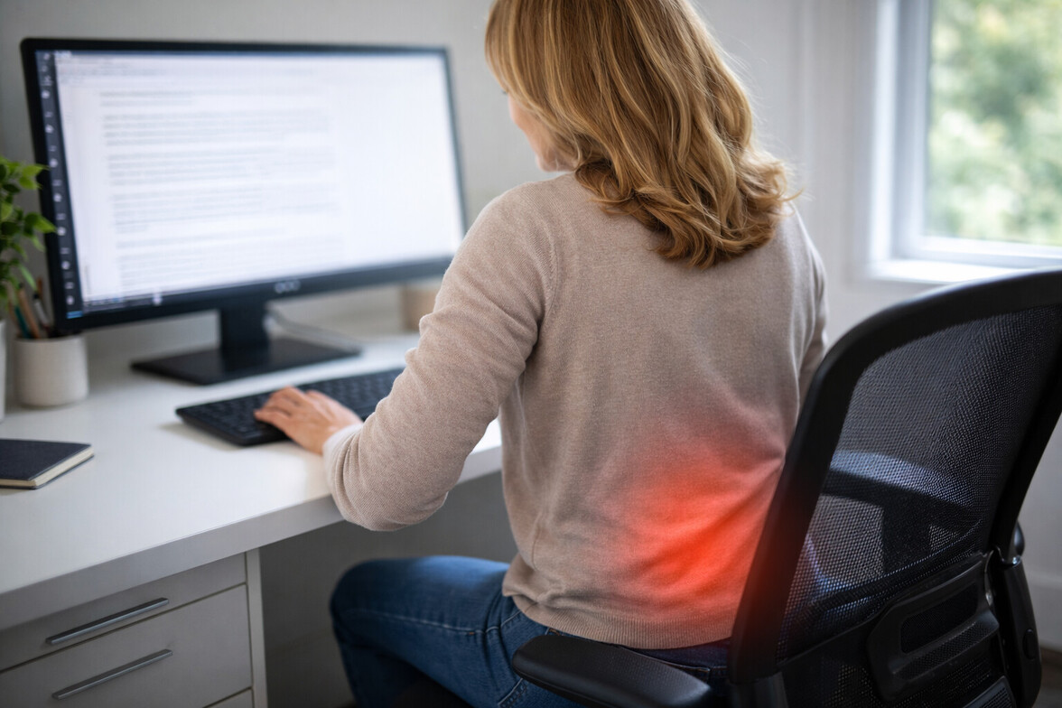 Adult sitting at desk with subtle red highlight on lower back