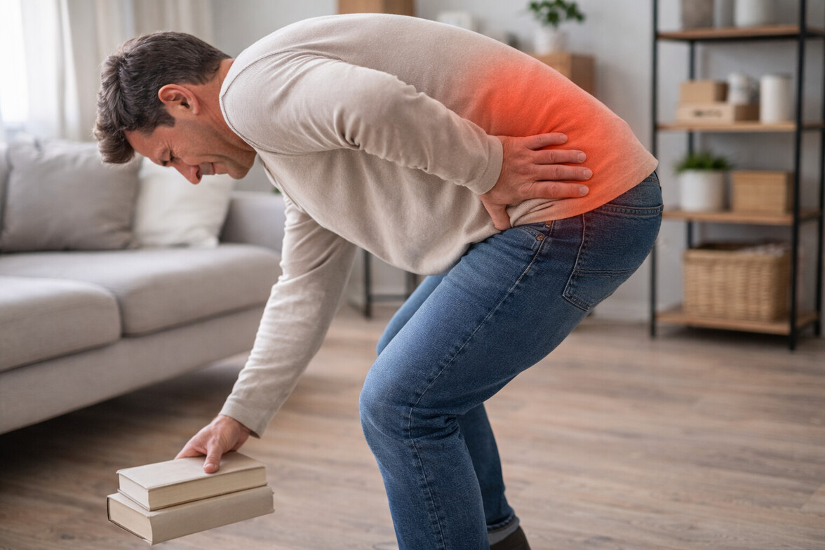Adult bending forward with subtle red highlight on lower back