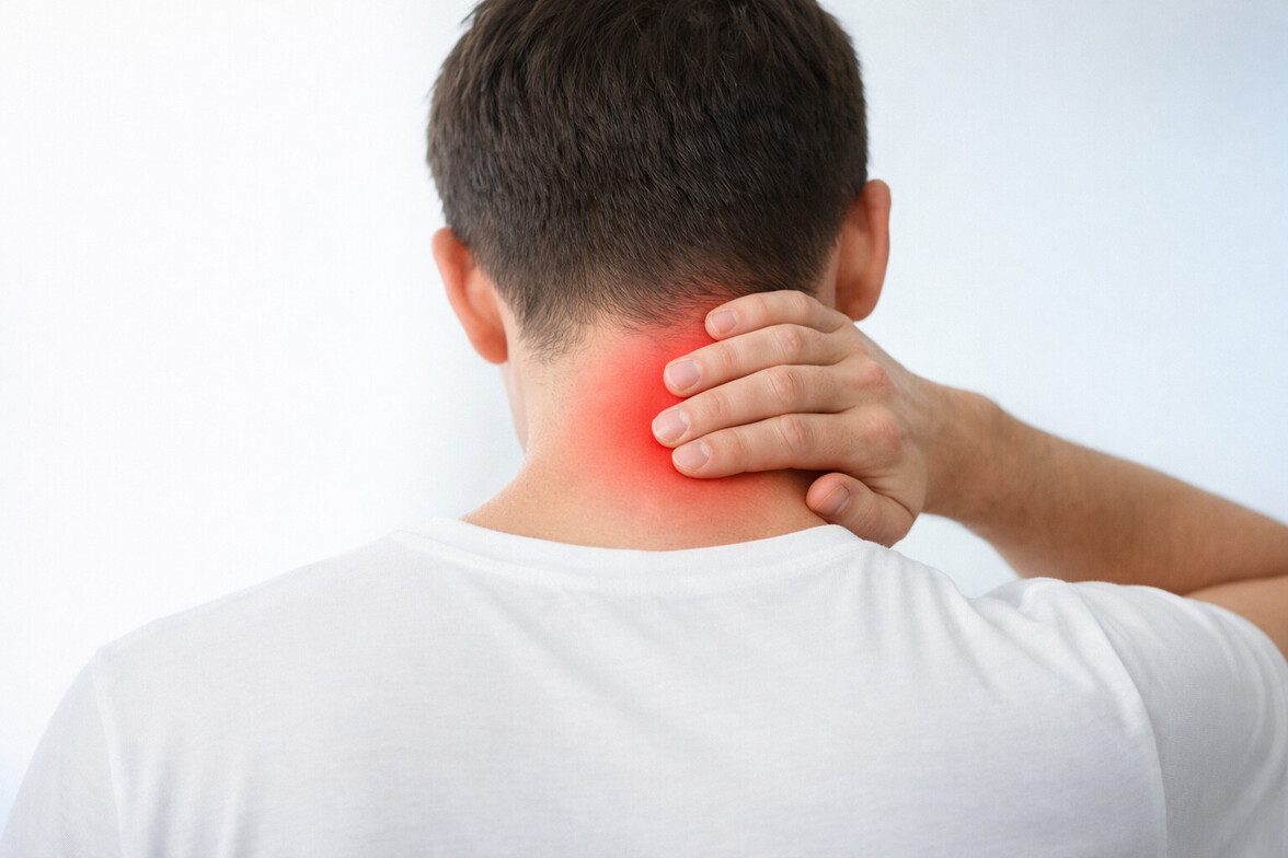 Adult sitting at a desk with forward head posture in an office setting