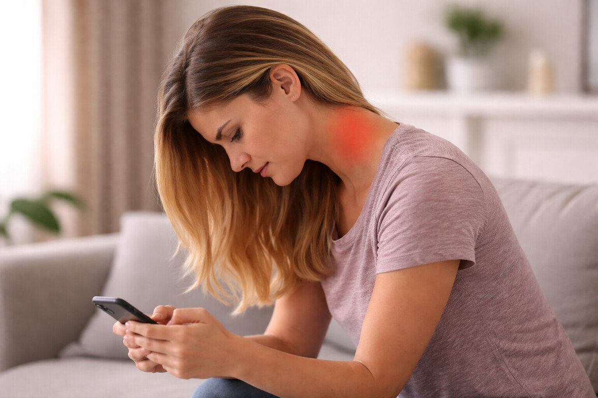 Person looking down at a phone with subtle red highlight at the base of the neck indicating discomfort
